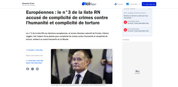 FRANCE BLEU : Européennes : le n°3 de la liste RN accusé de complicité de crimes contre l'humanité et complicité de torture