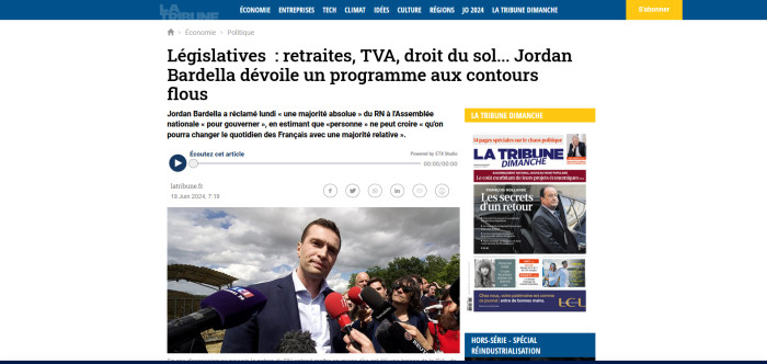 LA TRIBUNE : Législatives  : retraites, TVA, droit du sol... Jordan Bardella dévoile un programme aux contours flous