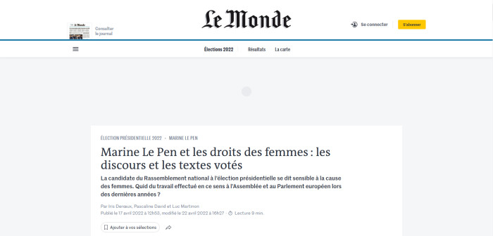 LE MONDE : Marine Le Pen et les droits des femmes : les discours et les textes votés